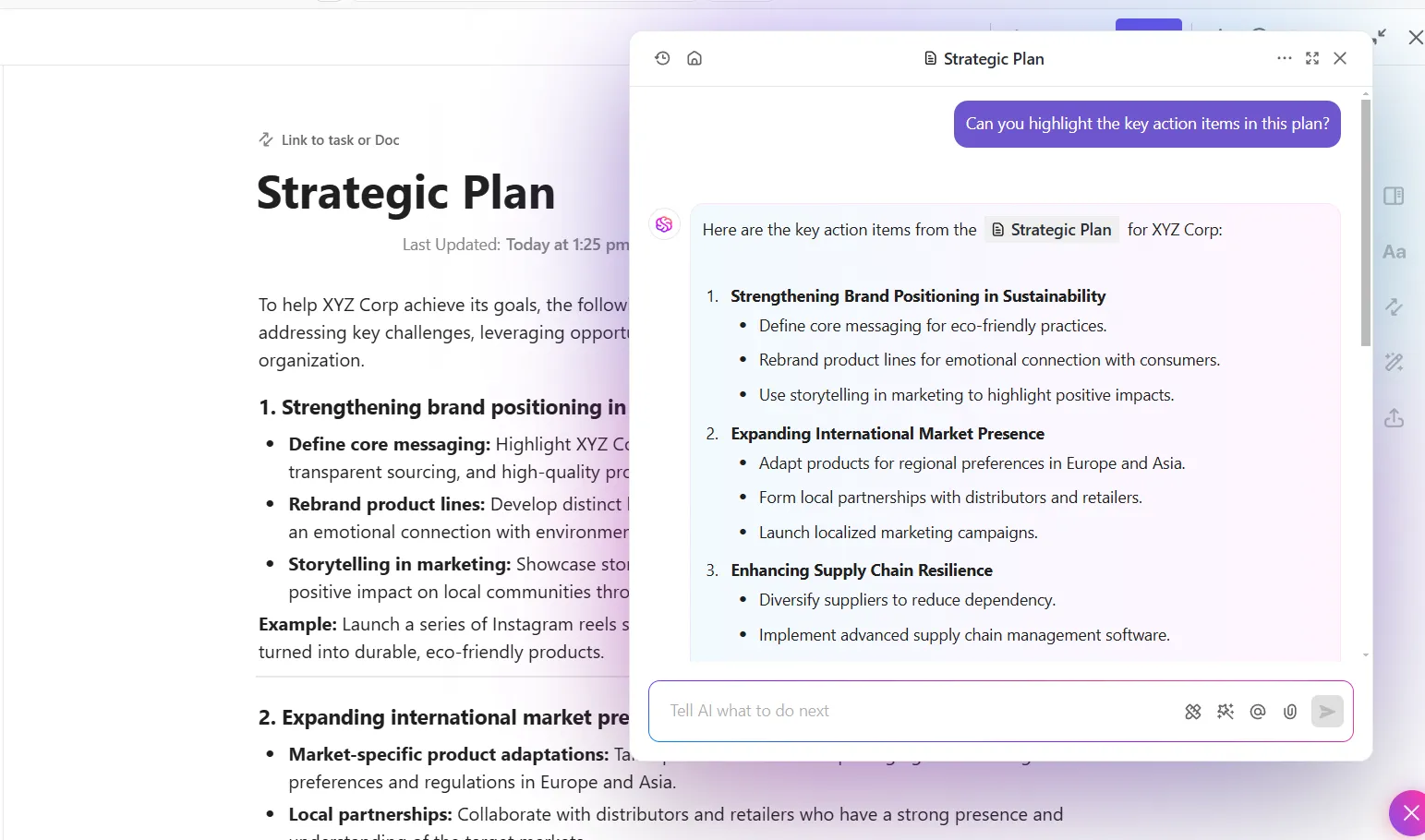 Rédigez, résumez et gérez vos procédures opératoires normalisées avec ClickUp Brain.