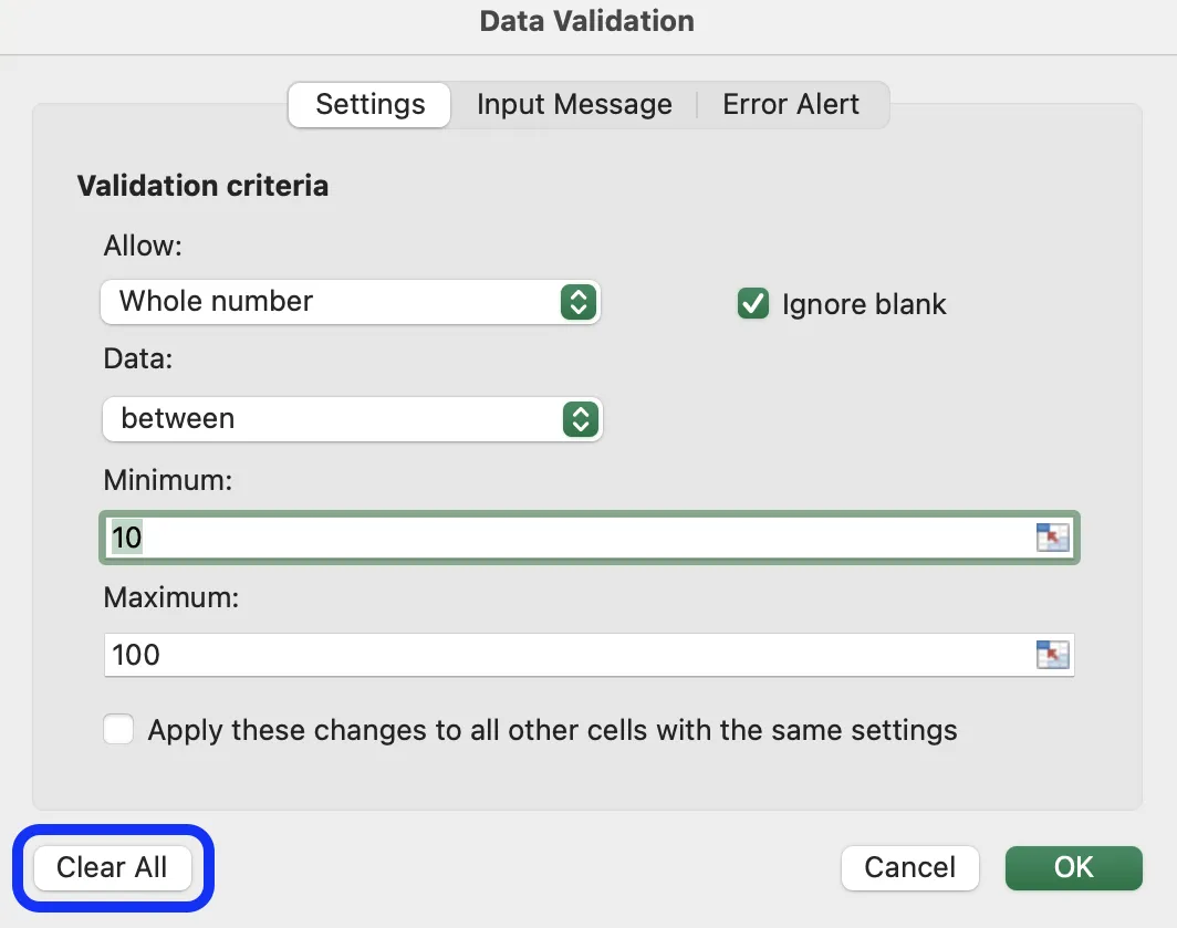 Ta bort datavalidering