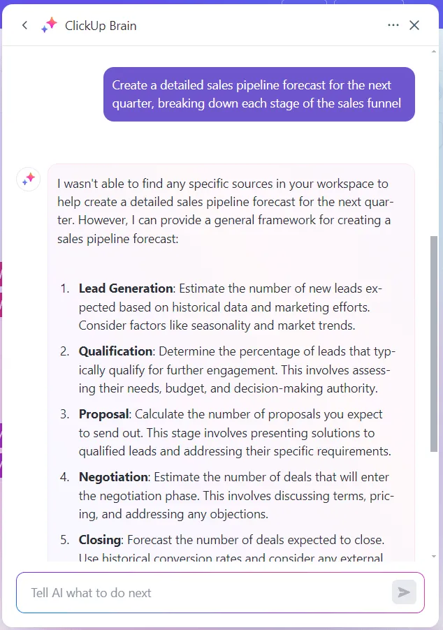 Esercitati con domande personalizzate sul tuo carattere durante il colloquio con ClickUp Brain mentre impari come spiegare il cambio frequente di lavoro durante un colloquio.
