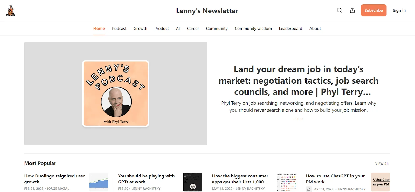 Ảnh chụp màn hình trang chủ của Lenny's Newsletter