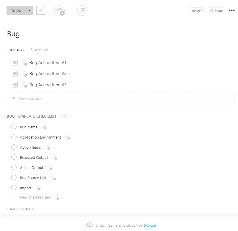 Modèle de tâche ClickUp Bug