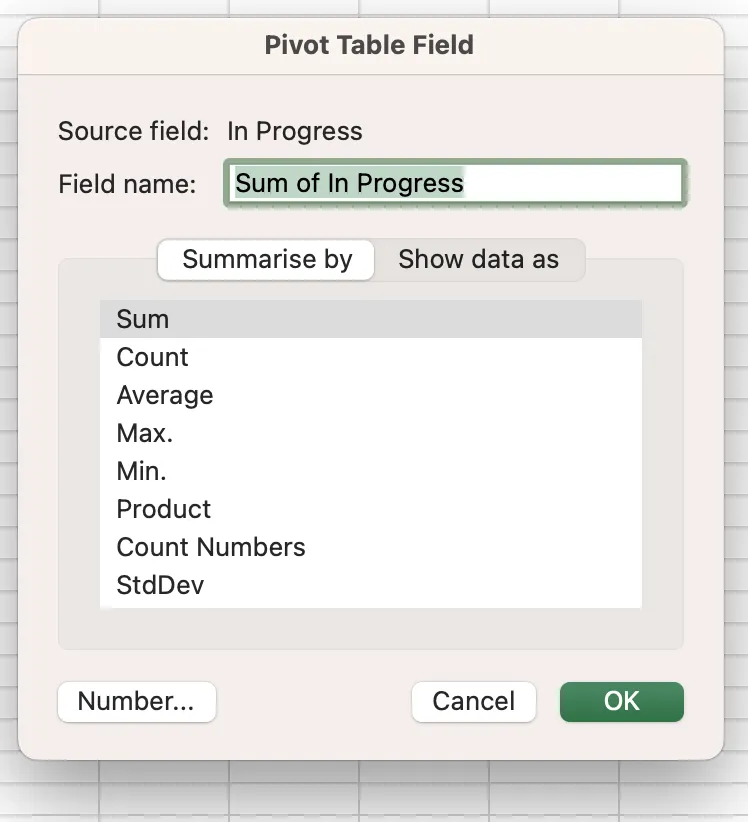 Các tùy chọn khác nhau cho các số trong trường giá trị trong Excel
