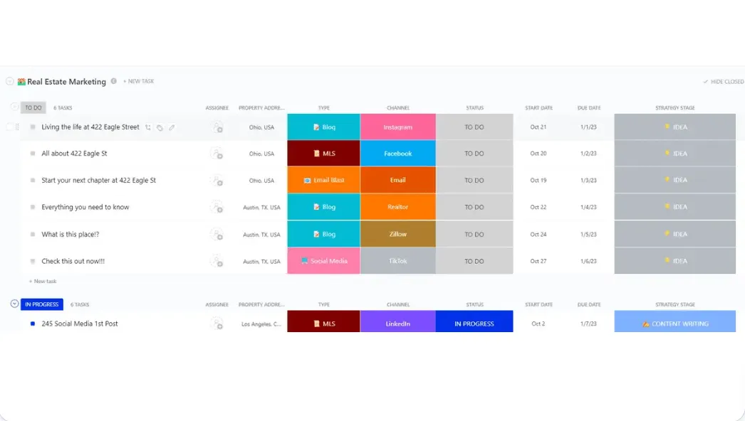 Modèles de gestion immobilière ClickUp Real Estate Marketing