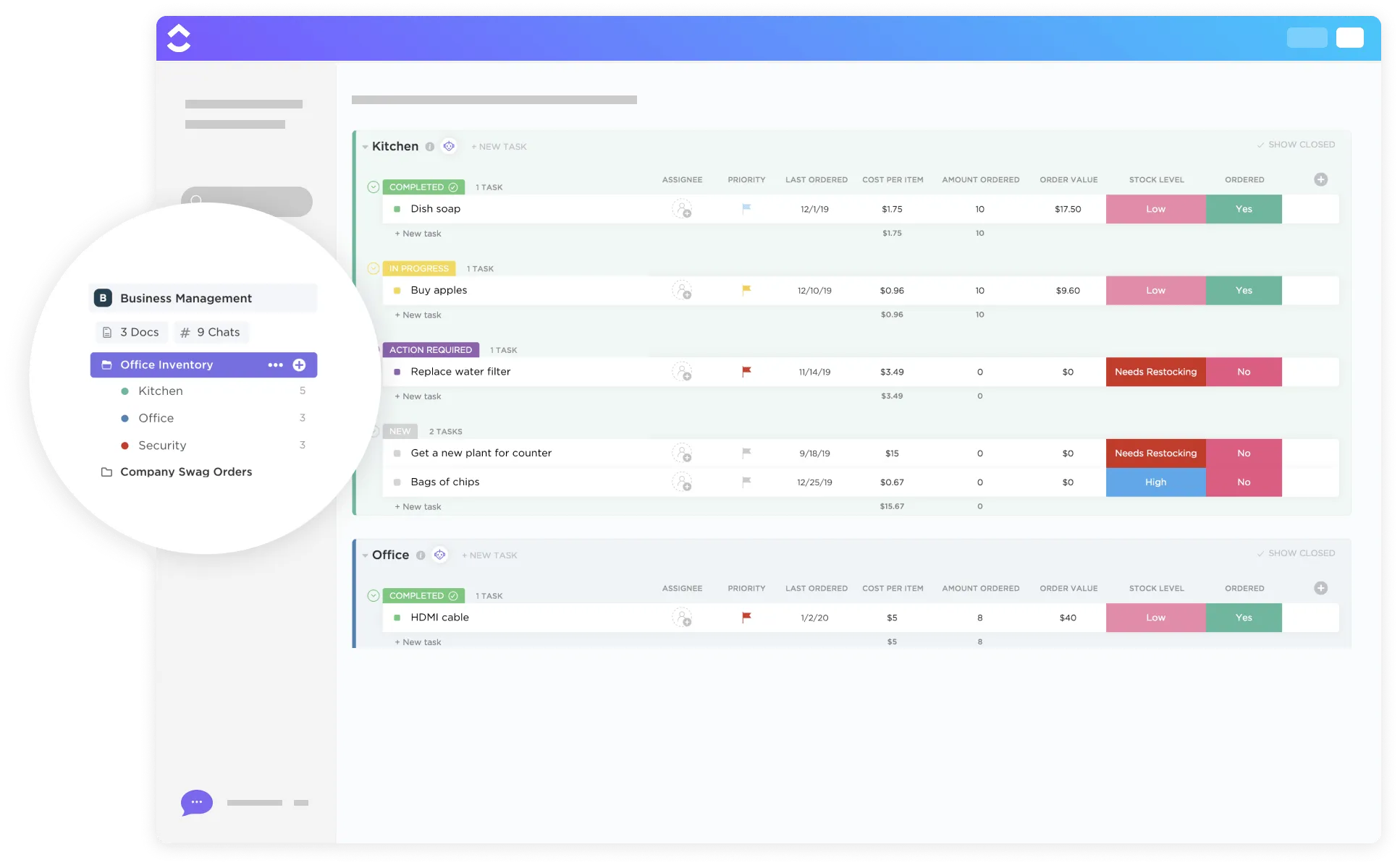 Modello di inventario ufficio ClickUp