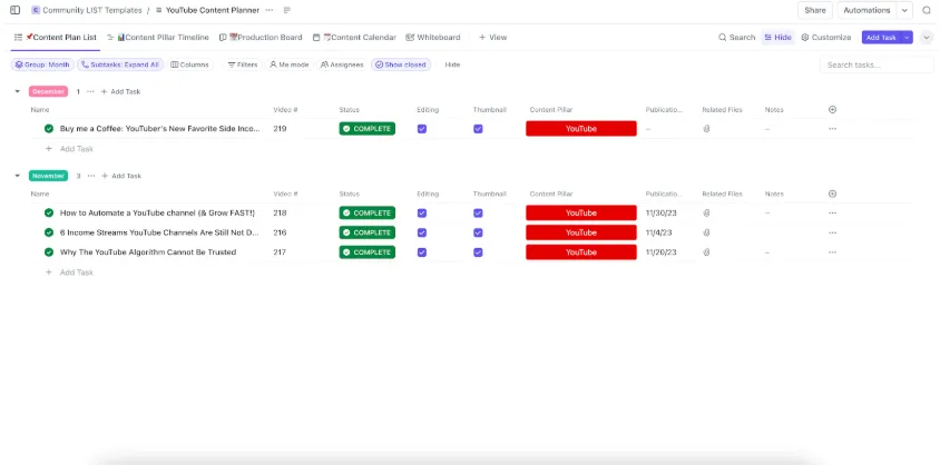 เทมเพลตวางแผนเนื้อหา YouTube ของ ClickUp: เทมเพลตสคริปต์วิดีโอ