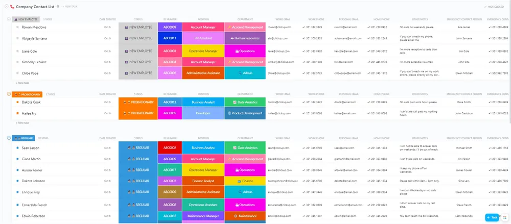 Plantilla de lista de contactos de la empresa de ClickUp
