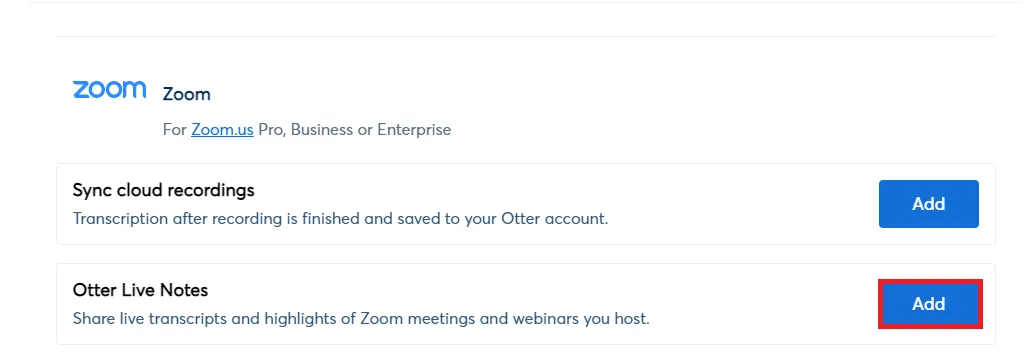 ابحث عن Otter Live Notes وانقر على Add (إضافة) — كيفية استخدام Otter AI مع Zoom