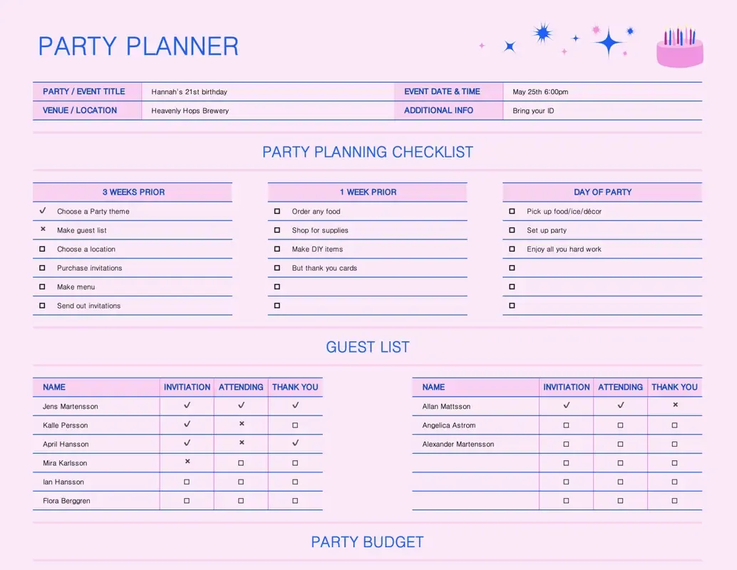 เทมเพลตวางแผนและรายการตรวจสอบงานปาร์ตี้ใน Excel