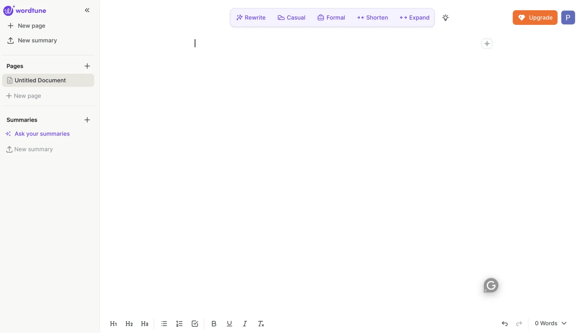 Wordtune skrivpanel