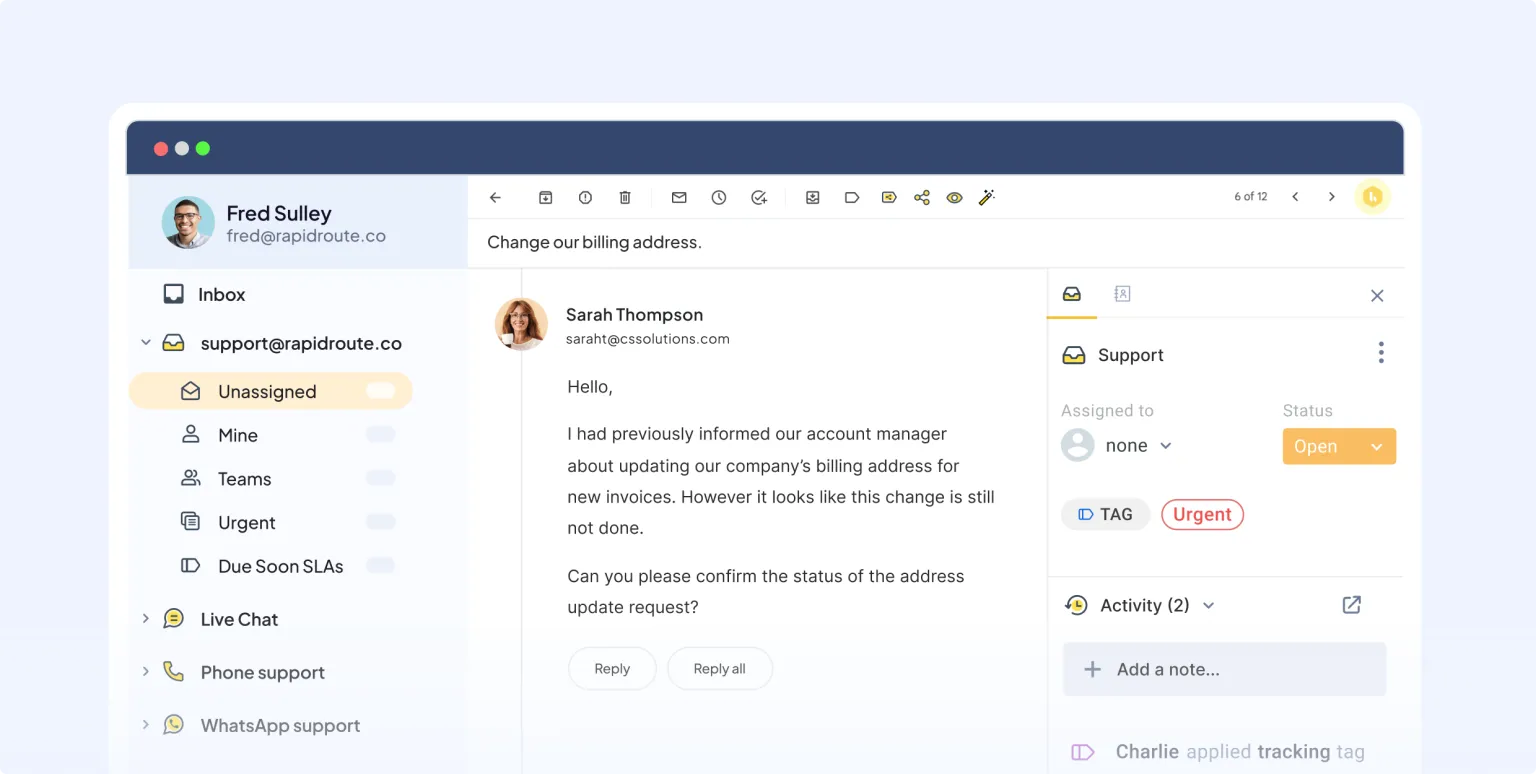 อินเทอร์เฟซ Hiver ภายใน Gmail สำหรับจัดการอีเมลในกล่องจดหมายร่วมพร้อมการมอบหมายงานและการติดตามสถานะ