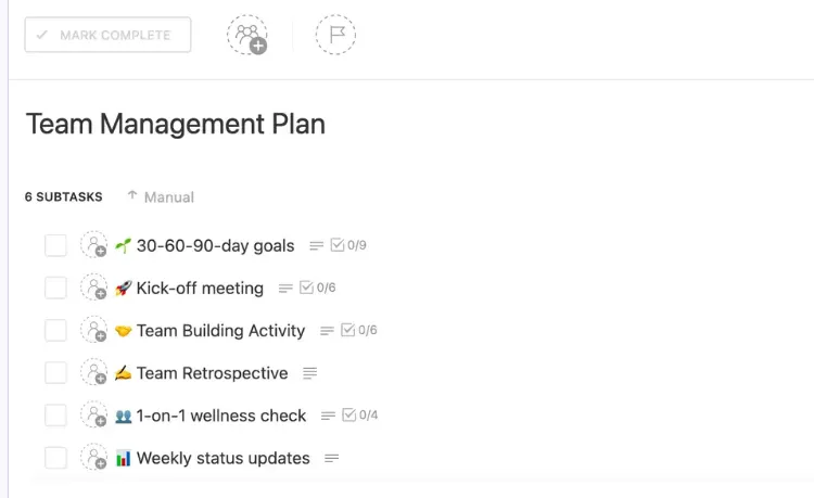 Delinea la strategia, i ruoli e le responsabilità del tuo team con il modello di piano di gestione del team di ClickUp.