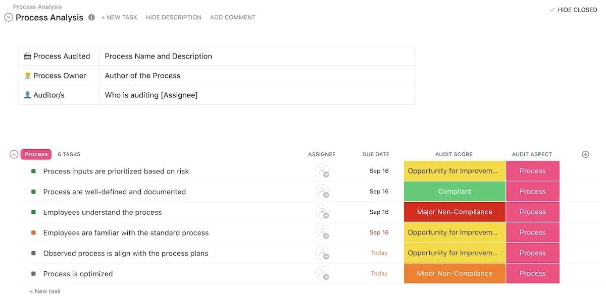 Modèle d'audit de processus de ClickUp