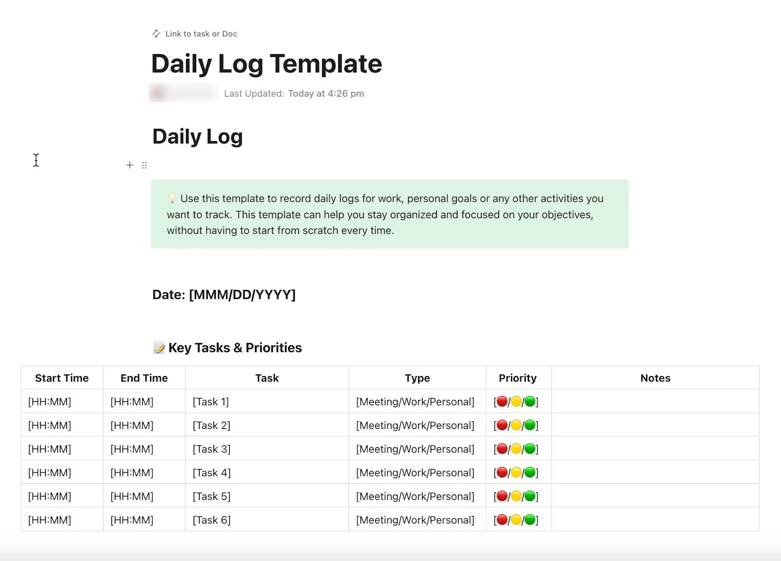 Suivez votre journée, définissez vos priorités et restez productif grâce au modèle de journal quotidien ClickUp.