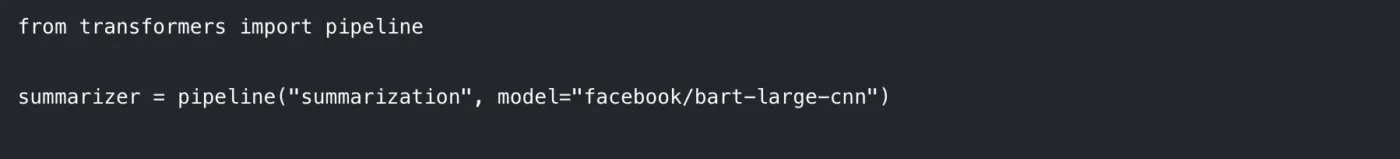 Inicialización de un proceso para resumir con Hugging Face utilizando el modelo BART-large-CNN de la biblioteca Transformers en Python.