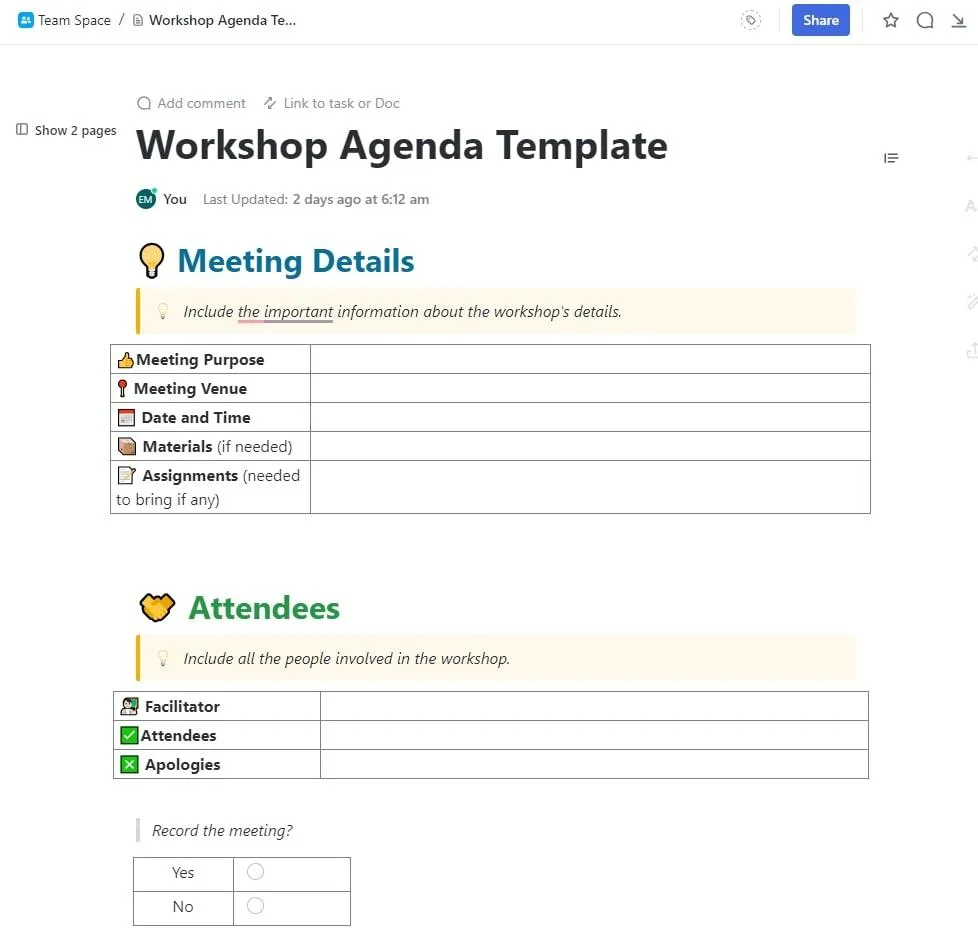 Modèle d'agenda d'atelier ClickUp