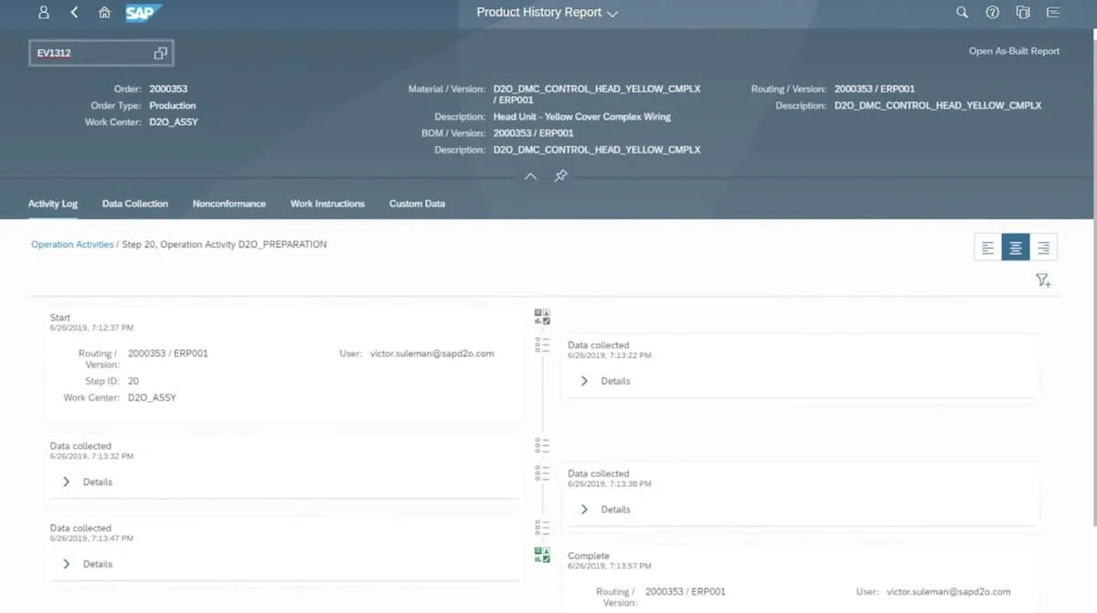 ซอฟต์แวร์ ERP สำหรับการผลิต: รายงานประวัติผลิตภัณฑ์ของ SAP หน้า