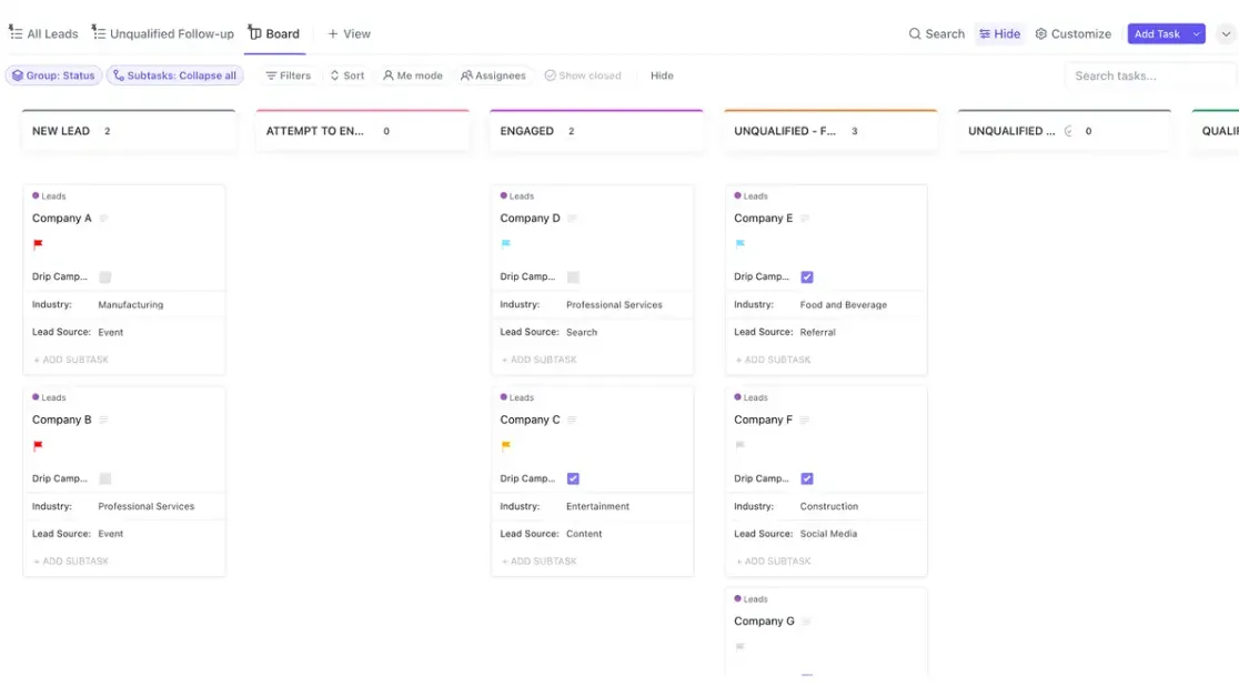 Шаблон за продажби CRM на ClickUp