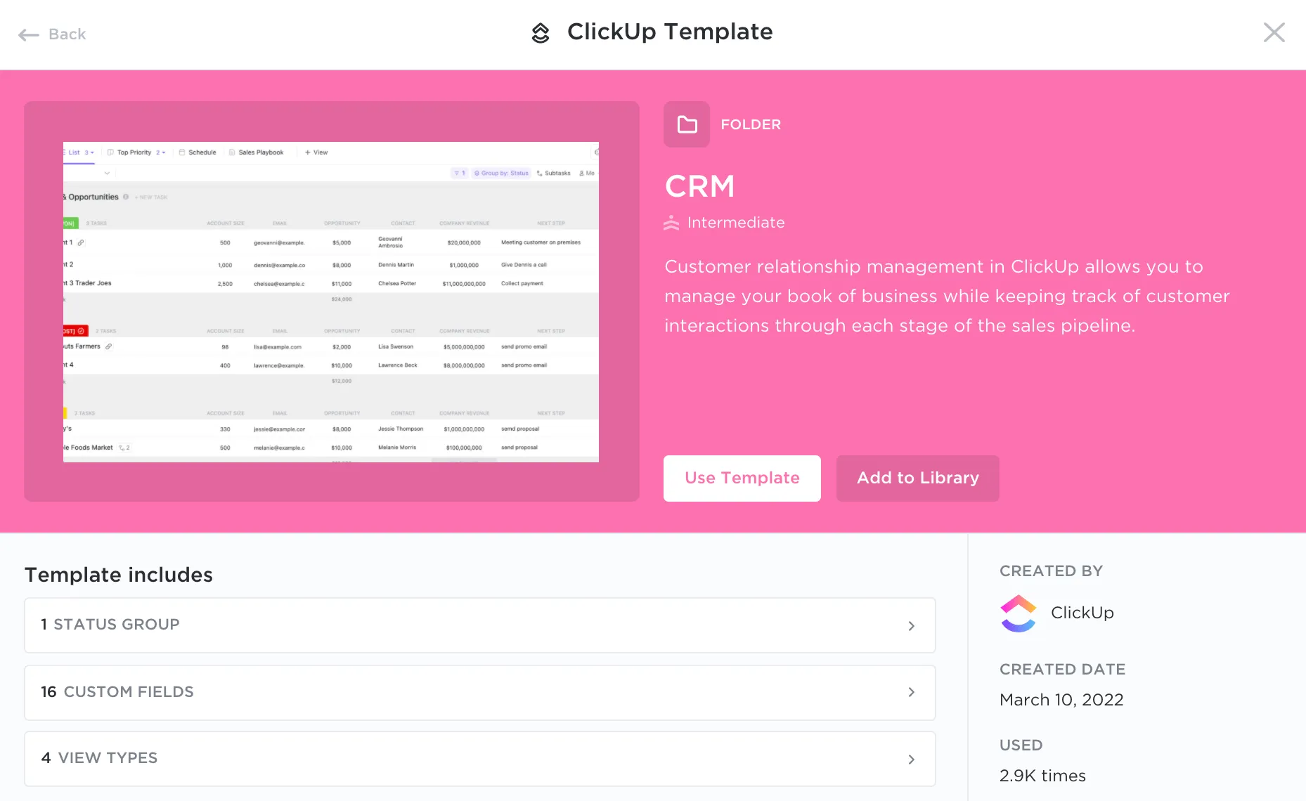 Verwenden Sie die CRM-Vorlage in ClickUp, um Geschäftsprozesse und Kundendaten in einer benutzerdefinierten Software zusammenzuführen.