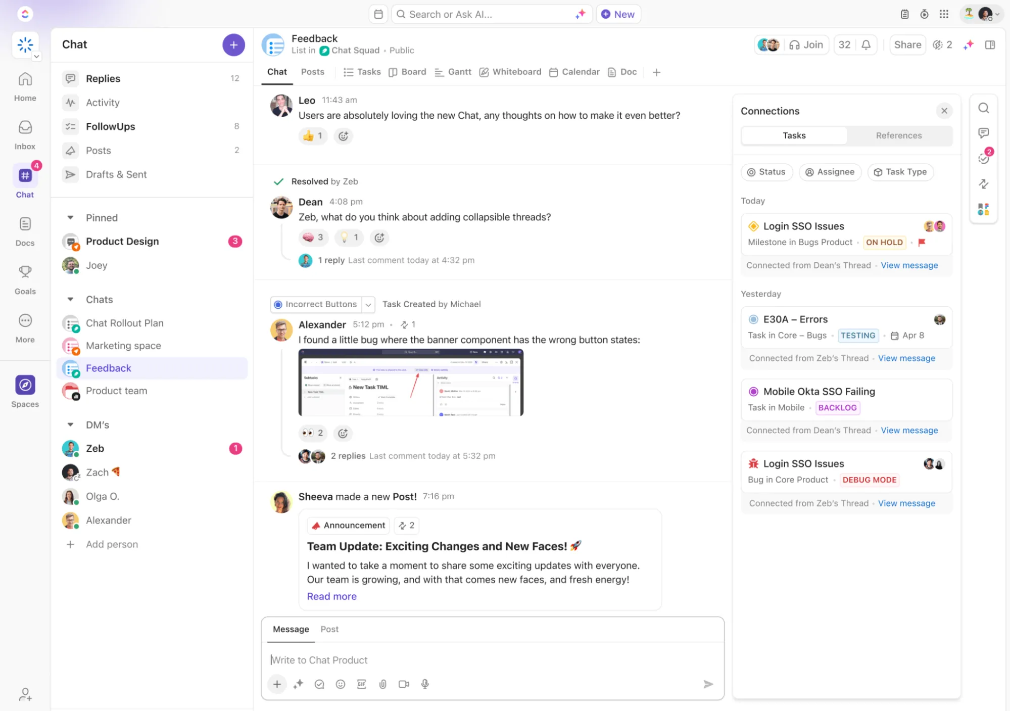 Fini les messages et les éléments dispersés, compilez tout avec ClickUp Chat : Exemples de modèles de travail hybrides