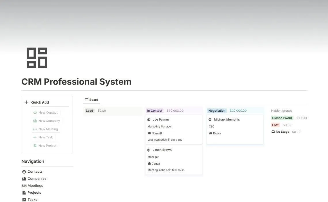 Modello di sistema CRM professionale