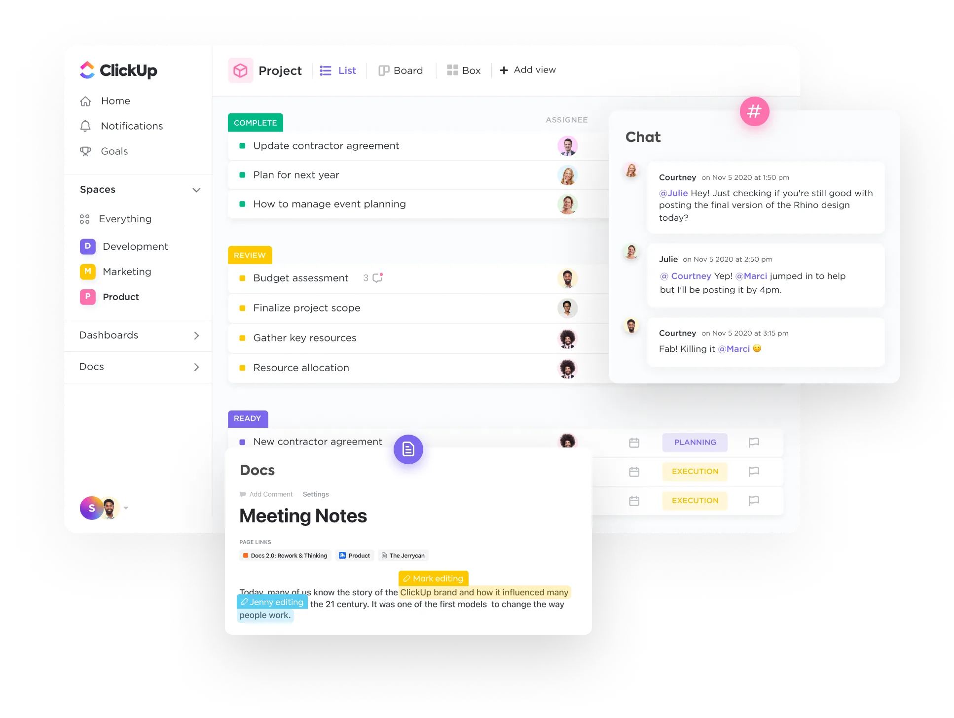 ClickUp Docs, Chat e visualização de lista no ClickUp