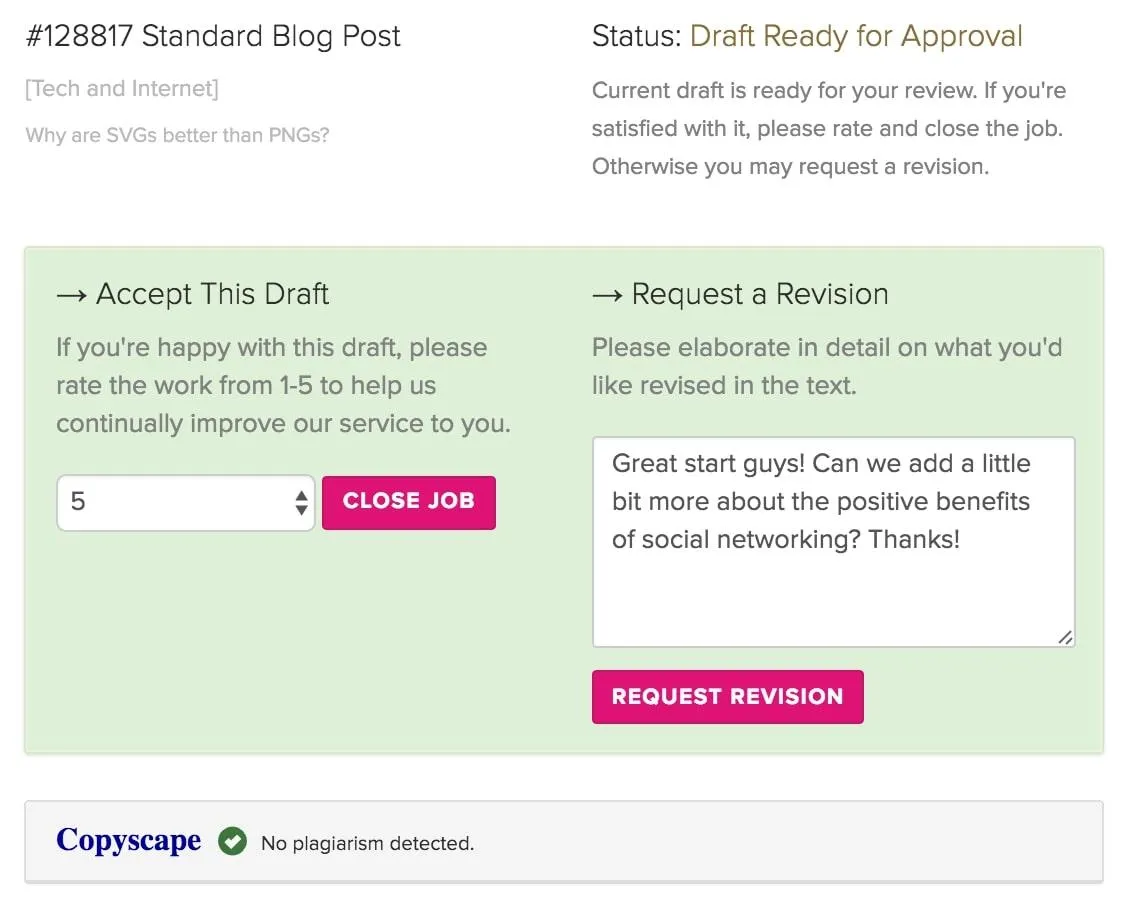 Serviços de redação de conteúdo: classificação e comentários sobre um rascunho de postagem de blog no ContentWriters