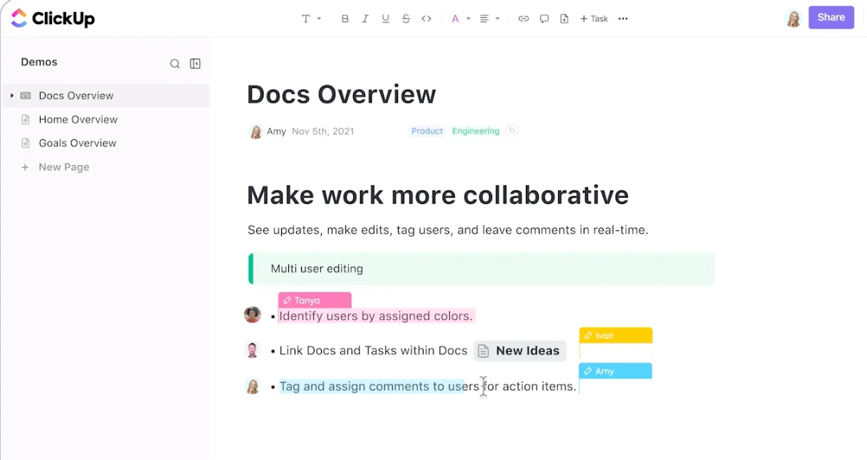 Spolupracujte efektivně se svými kolegy pomocí ClickUp Docs.