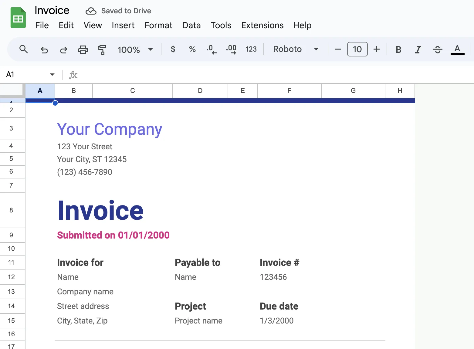 Příklad faktury v Google Sheets