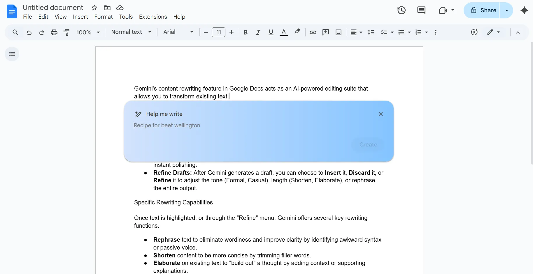 Gemini da una indicación para reescribir el contenido.