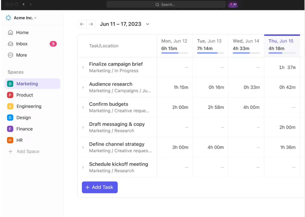รูปแบบการจัดการเวลา: ใช้ ClickUp Time Tracking เพื่อติดตามเวลาที่ใช้ไปกับงานต่างๆ