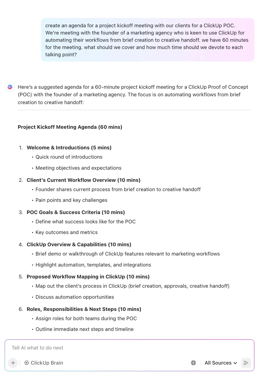 Buat agenda rapat untuk rapat pembukaan proyek Anda menggunakan bantuan AI dari ClickUp Brain