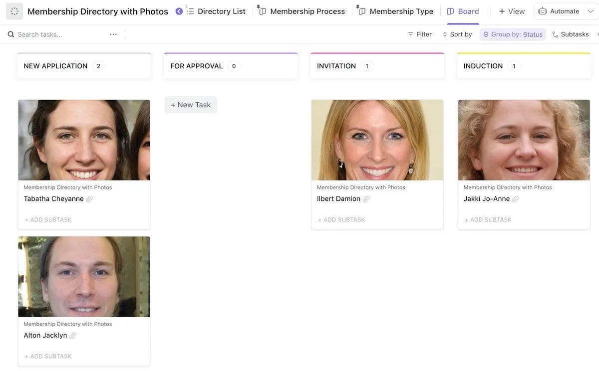 Modèle de répertoire des membres ClickUp avec photos