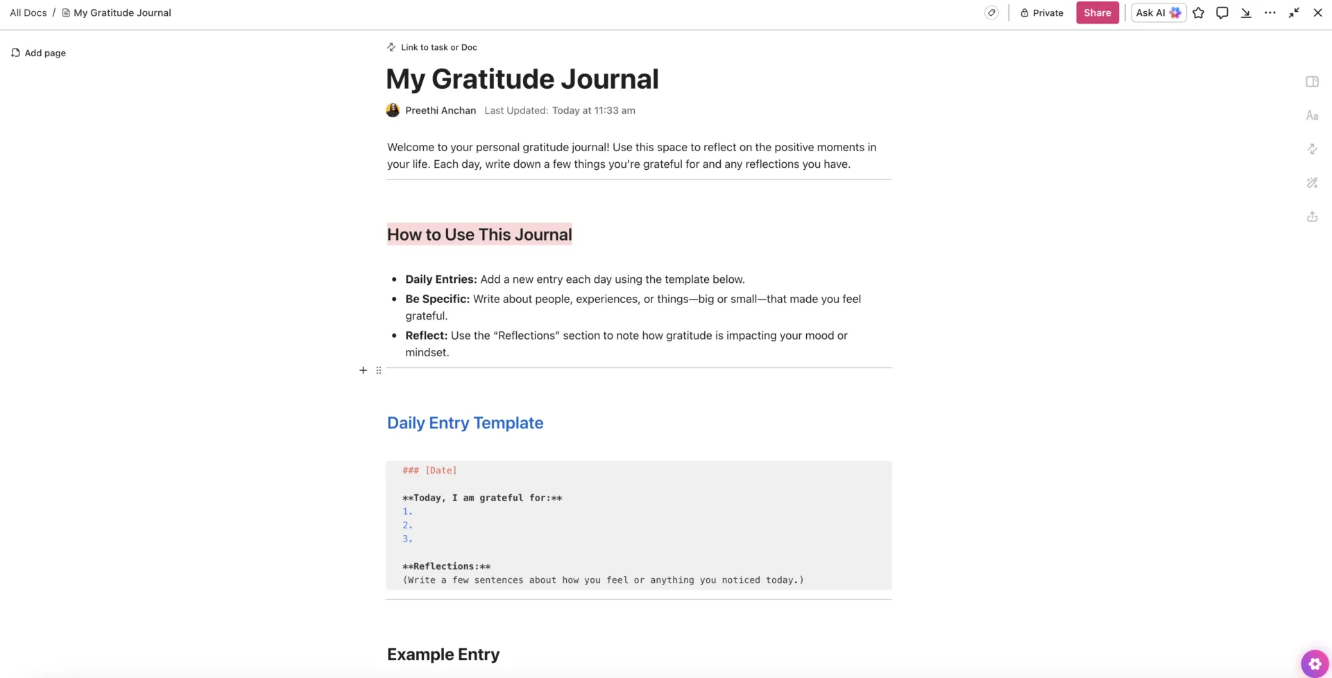 يوميات الامتنان مع ClickUp Docs