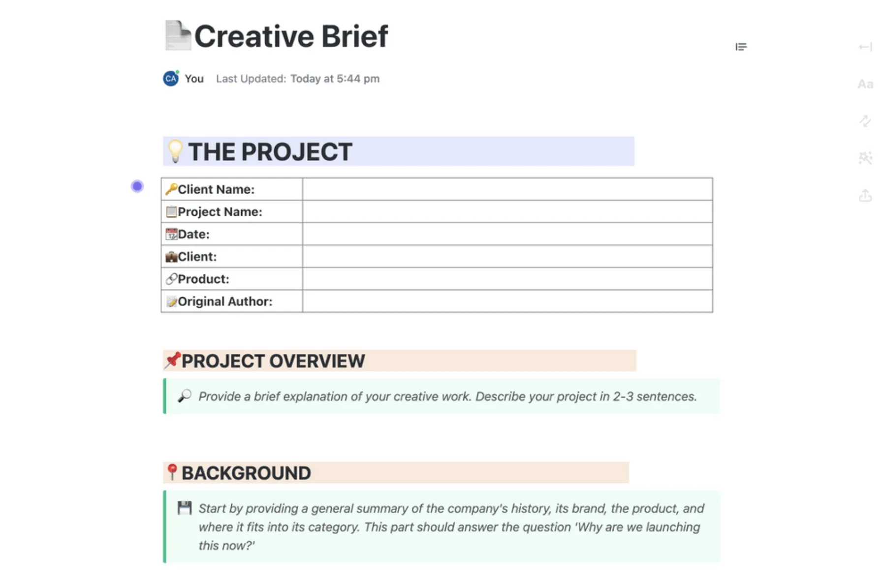 Exemple de cahier des charges créatif réalisé dans ClickUp Documents