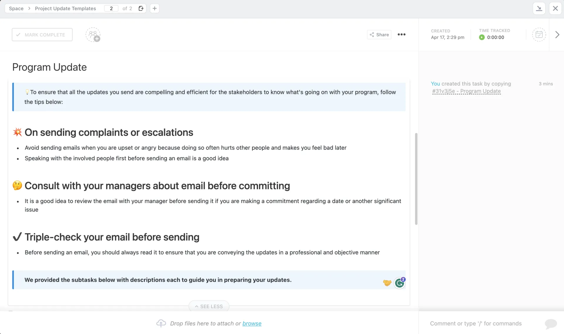 Modèle de mise à jour de programme par ClickUp