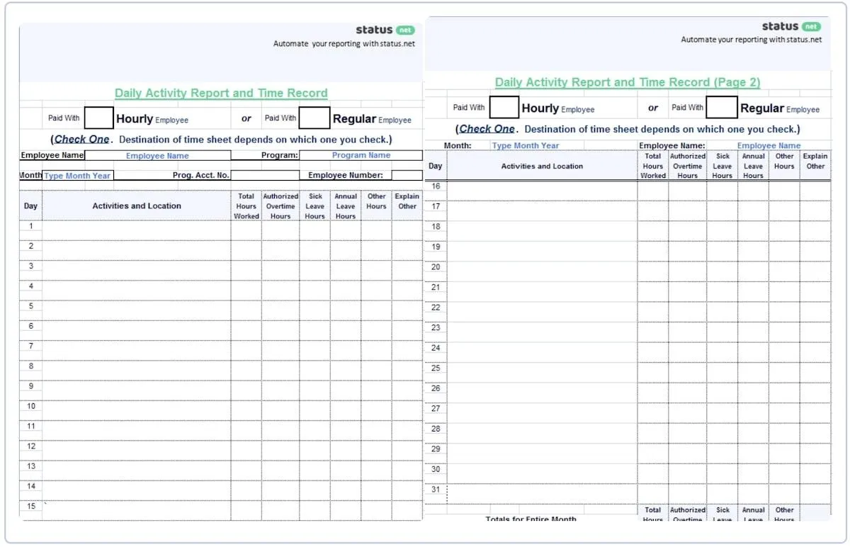 Modelos de relatório diário: Modelo de relatório de trabalho diário do Excel da Status.net Páginas 1 e 2