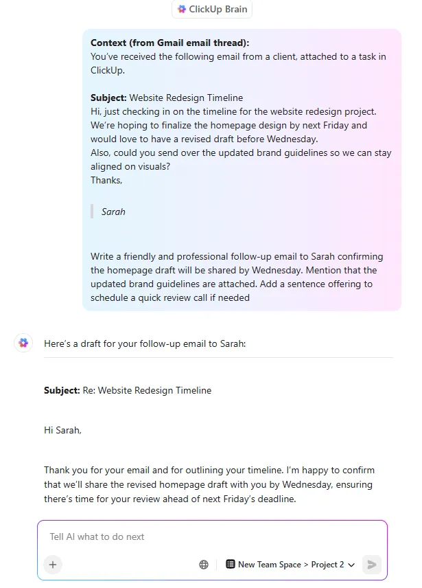 عزز أتمتة Gmail باستخدام ClickUp Brain