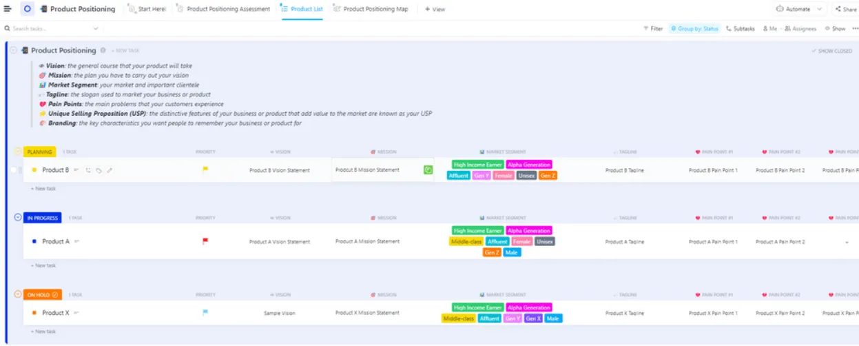 Mẫu định vị sản phẩm ClickUp