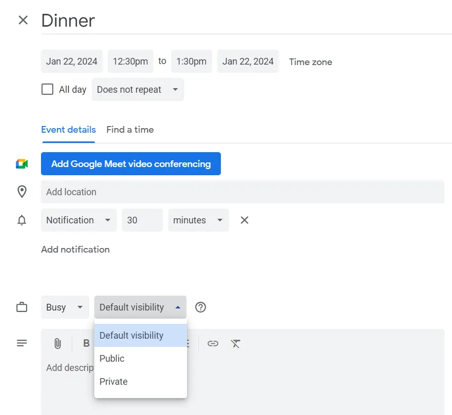 Impostazioni di privacy degli eventi su Google Calendar