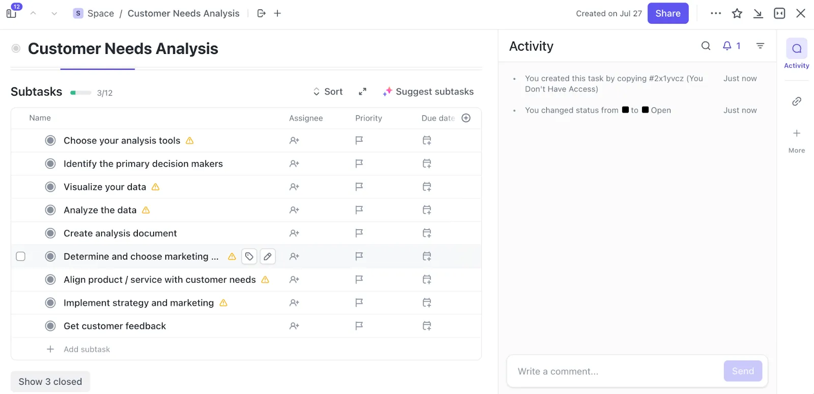 Mettez en place un processus pour découvrir ce dont les clients ont réellement besoin grâce au modèle d'analyse des besoins des clients de ClickUp.