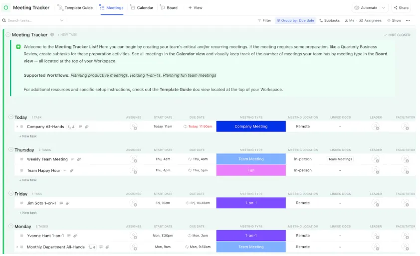 Šablona ClickUp Meeting Tracker