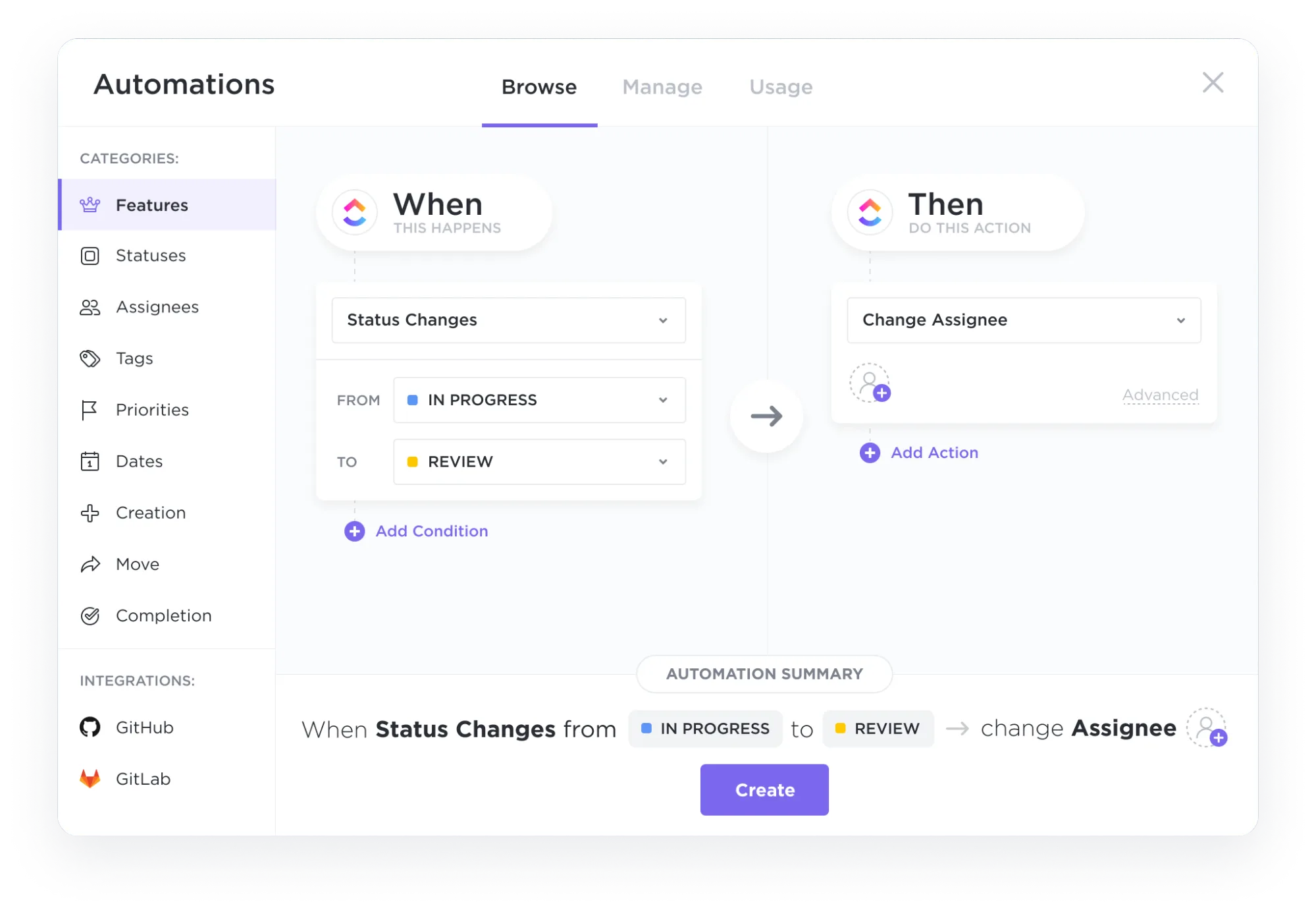 Tự động hóa việc phân công công việc, thông báo và quy trình làm việc bằng ClickUp Automations.