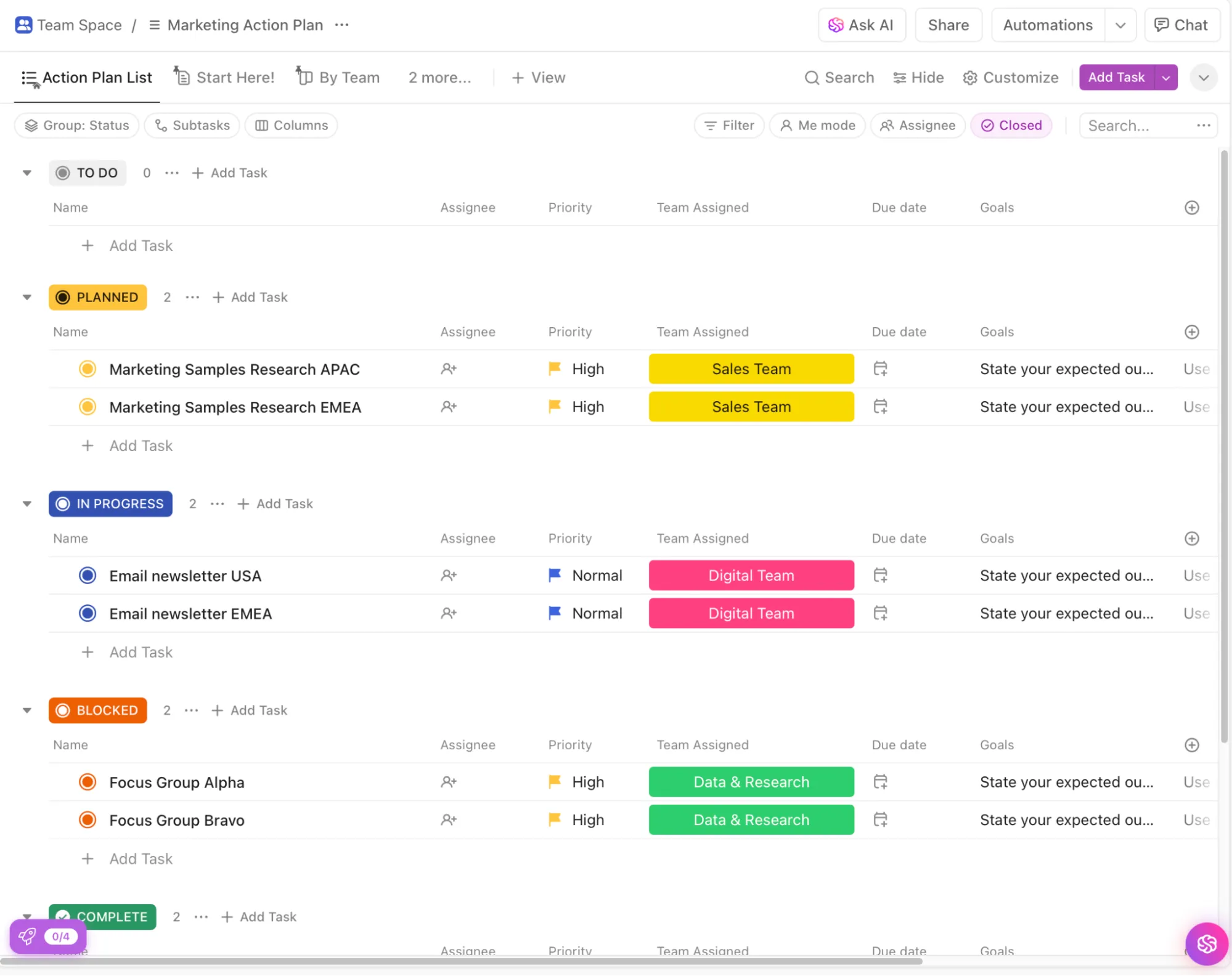 ClickUps Vorlage für einen Marketing-Aktionsplan: So gewinnen Sie gewerbliche Clients