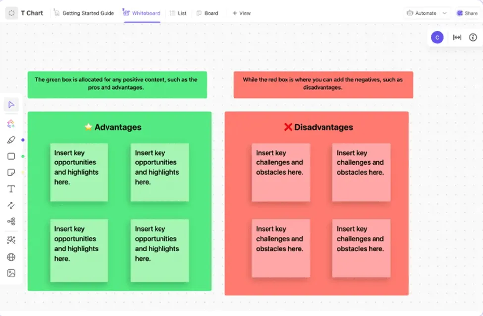 Comparez les options grâce au modèle de diagramme en T simple et prêt à l'emploi de ClickUp.