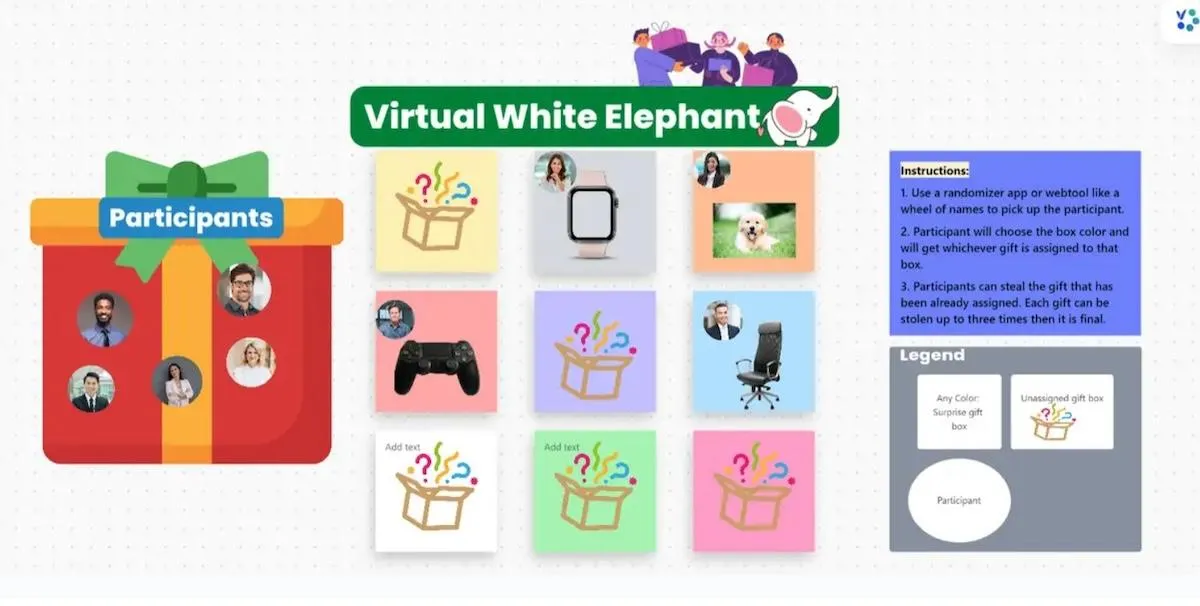 Usa il modello ClickUp Virtual White Elephant per incoraggiare i membri del tuo team a scambiarsi regali durante le festività natalizie.