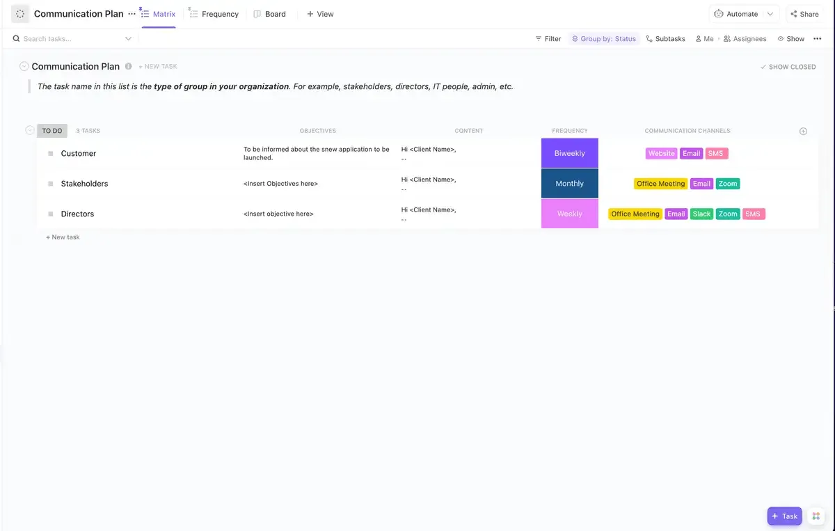 ClickUp Mesajlaşma Matris Şablonu ile iç ve dış paydaşlarla iletişimi tek bir yerden görüntüleyin, izleyin ve yönetin