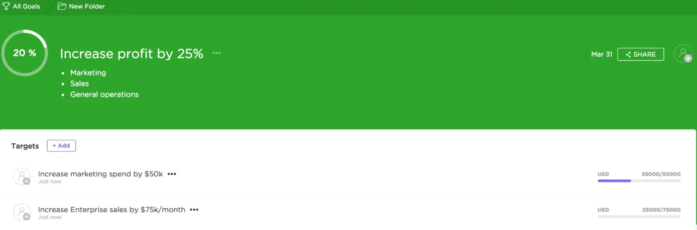 Suivez votre progression grâce aux objectifs ClickUp