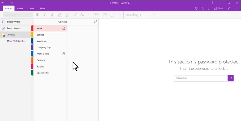 Esempio di funzionalità di protezione con password di OneNote