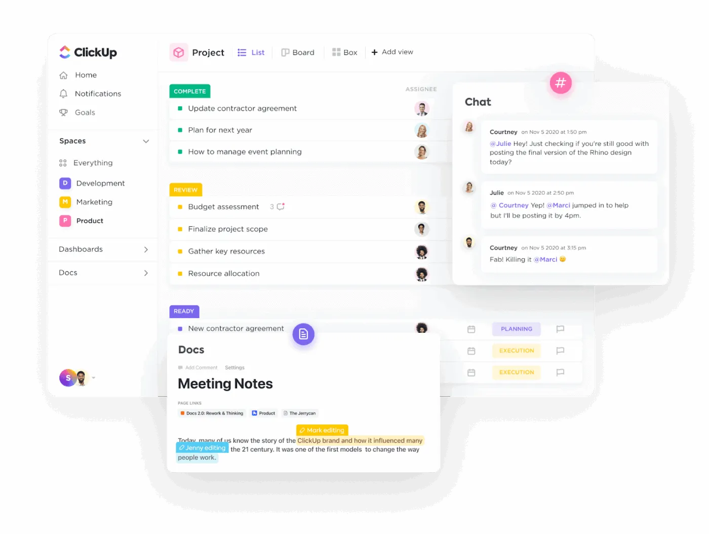 تعاون سلس في ClickUp إدارة المشاريع الدردشة مع فريقك والاحتفاظ بملاحظات الاجتماعات في مكان واحد