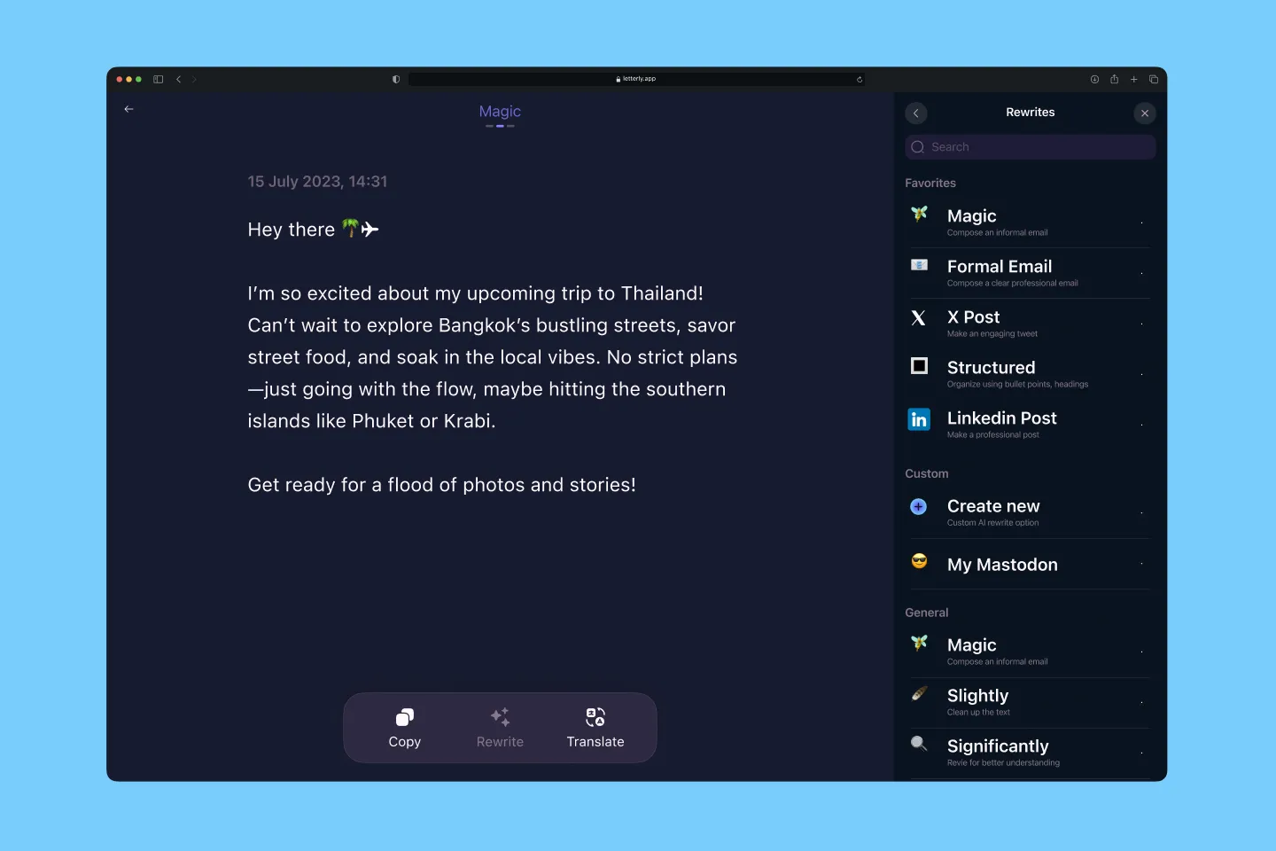 لوحة التحكم Letterly: بديل Dictation.io